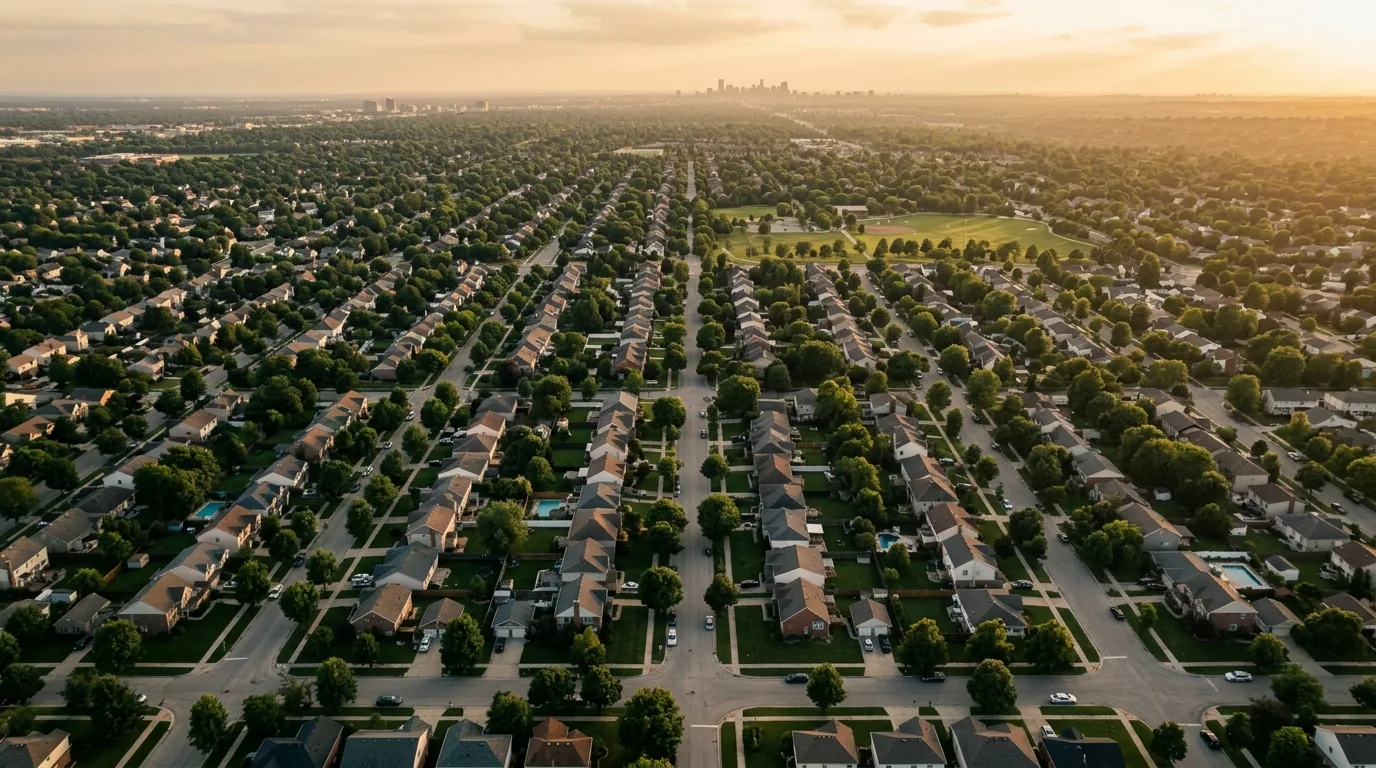 Aerial view of a suburban neighborhood at golden hour