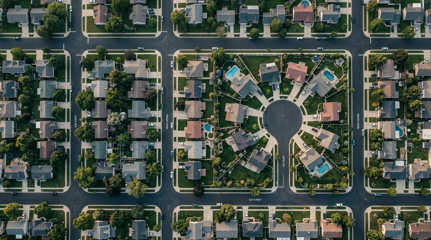 Top-down aerial view of a suburban street grid