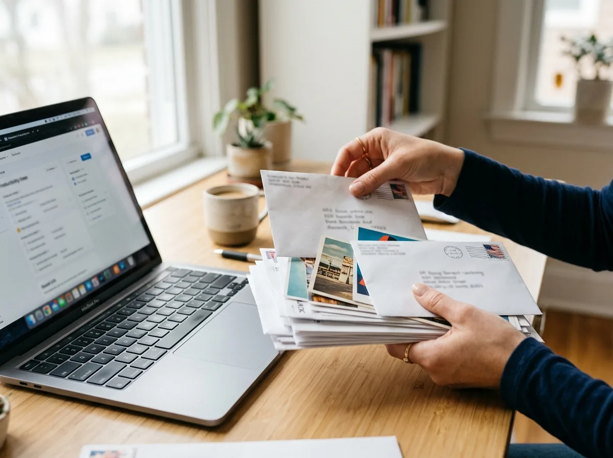 Hands sorting reply mail from motivated sellers at a desk