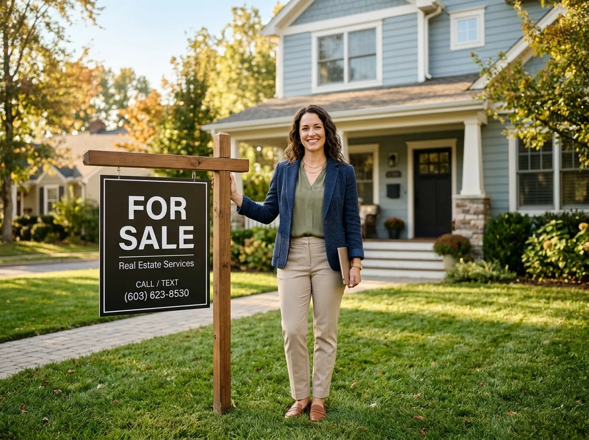 Listing agent beside a for-sale sign