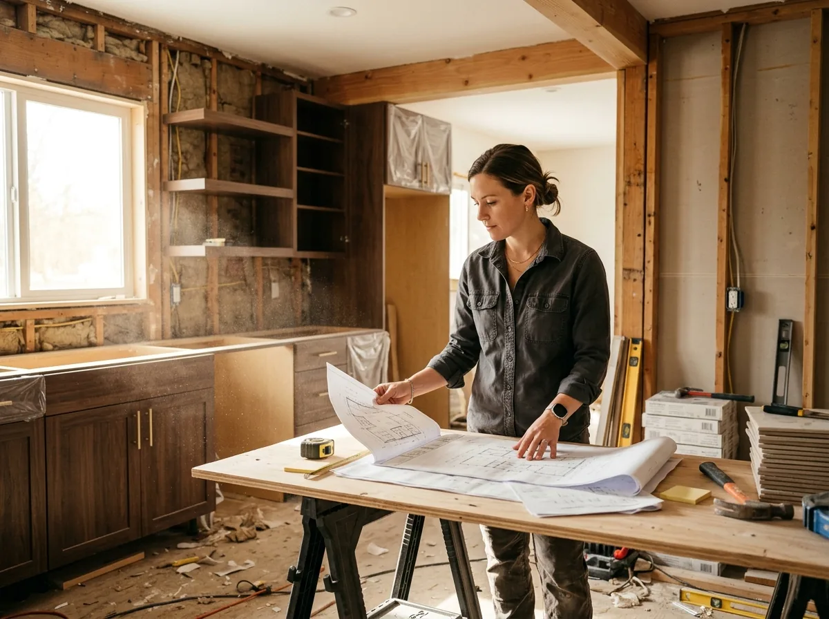 Flipper reviewing plans in a renovation kitchen