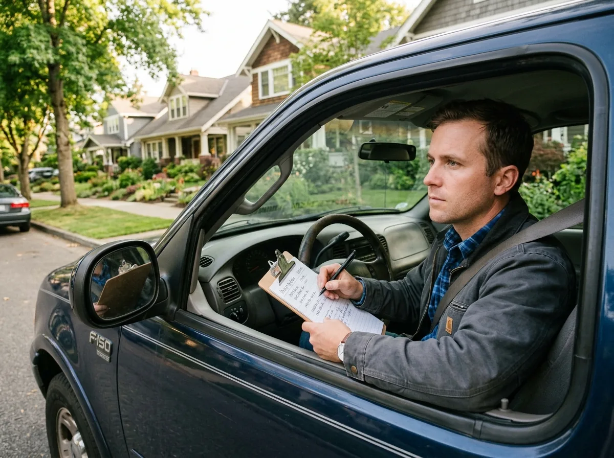 Wholesaler taking notes in his truck