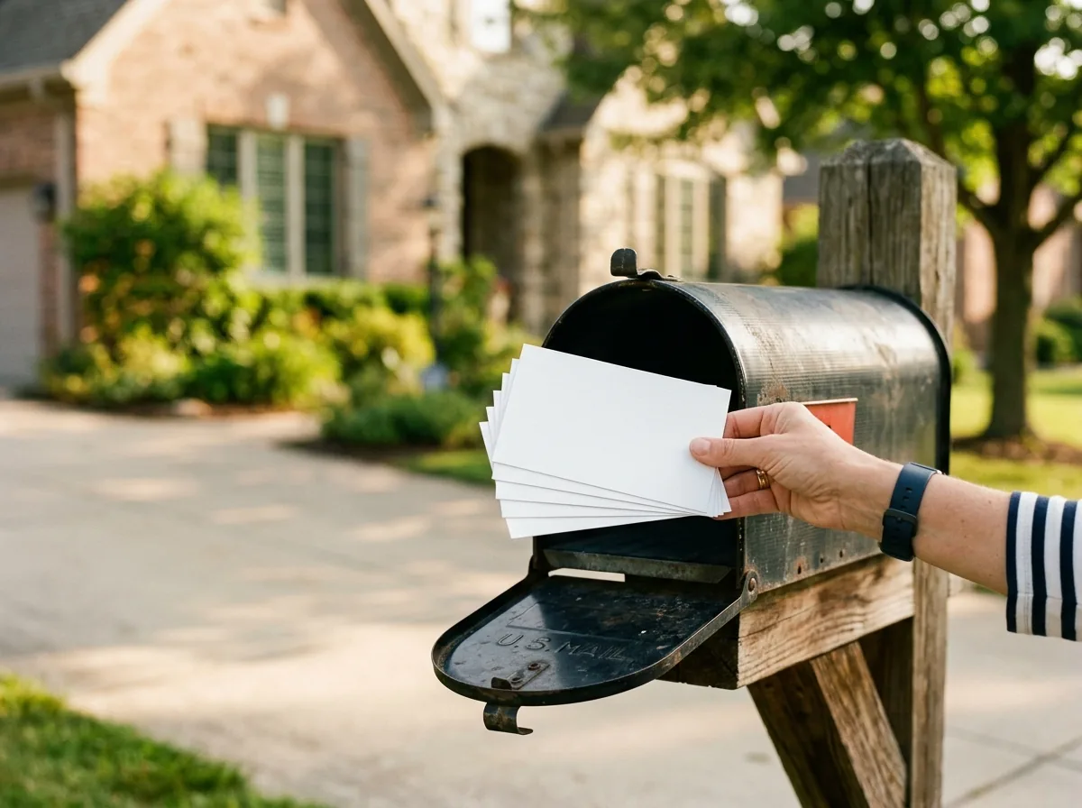 Postcards being delivered into a curbside mailbox
